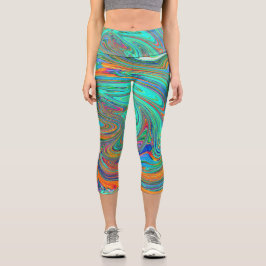 Aqua, Orange und Grüne Groovy Abstrakt Retro Art Capri Leggings