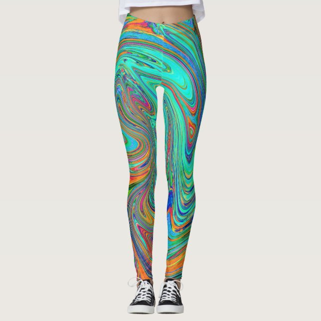 Aqua, Orange und Grüne Groovy Abstrakt Retro Art Leggings (Vorderseite)