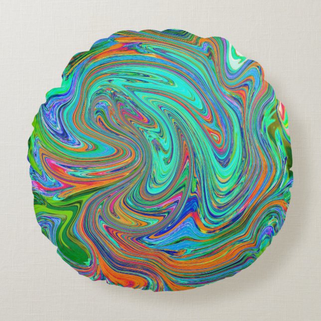 Aqua, Orange und Grüne Groovy Abstrakt Retro Art Rundes Kissen (Vorderseite)