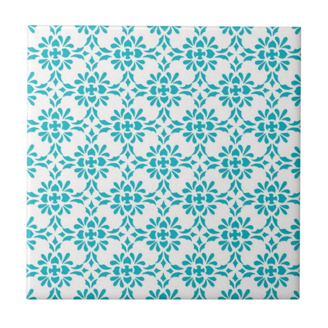 Aqua over White Damask Style Pattern Fliese (Vorderseite)