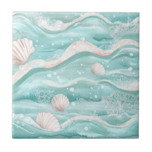Aqua-Ozeanwellen- & Muschel-Muster Fliese