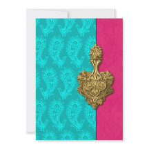 Aqua Paisley Peacocks Indian Wedding Einladung