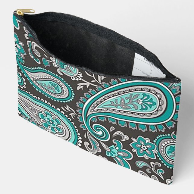 Aqua Paisley Print Cosmetic Bag Zubehörtasche (Offen)
