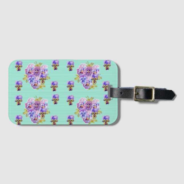Aqua Pansy Viola Floral dot Muster Gepäcktag Gepäckanhänger (Vorderseite (Horizontal))