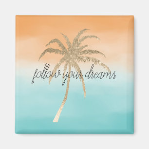 Aqua Peach Gold Tropical Palm Trees Ombre Magnet
