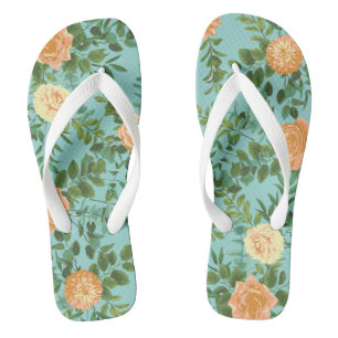 Aqua Peach Wedding Floral Rose Flip Flops