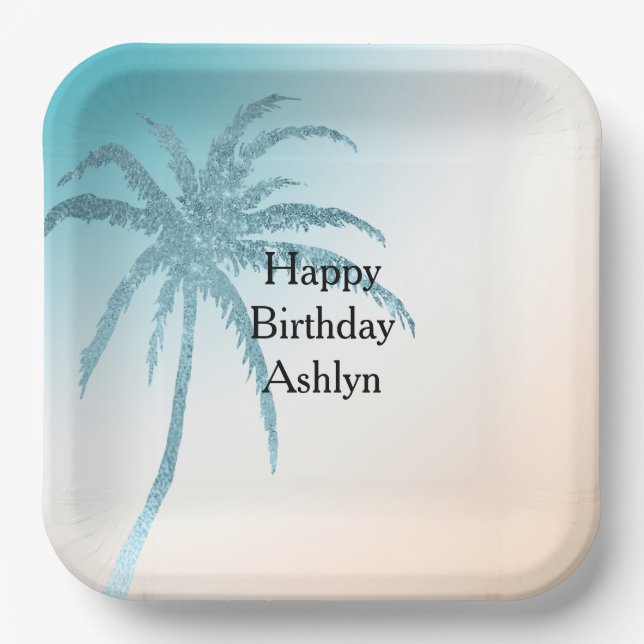Aqua Peach White Palm Tree Geburtstag Pappteller (Vorderseite)
