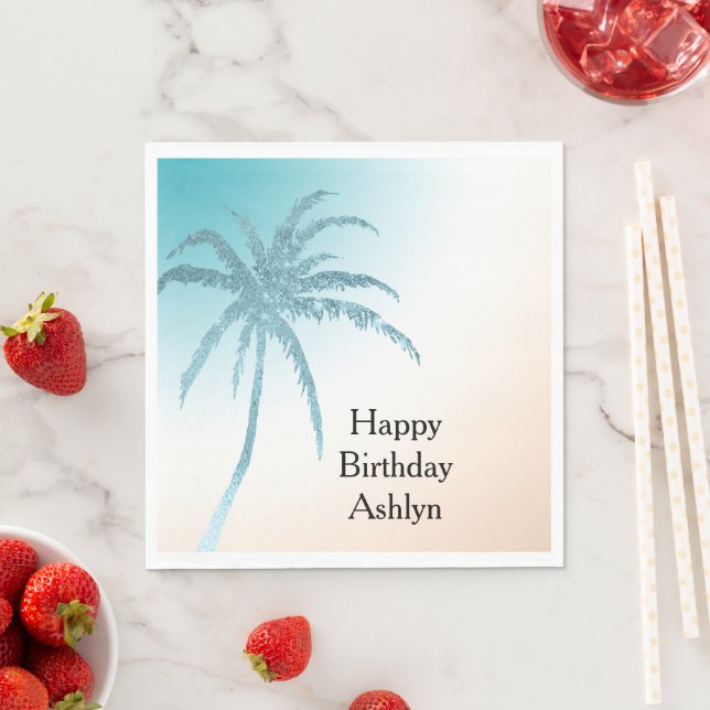 Aqua Peach White Palm Tree Geburtstag Serviette (Beispiel)