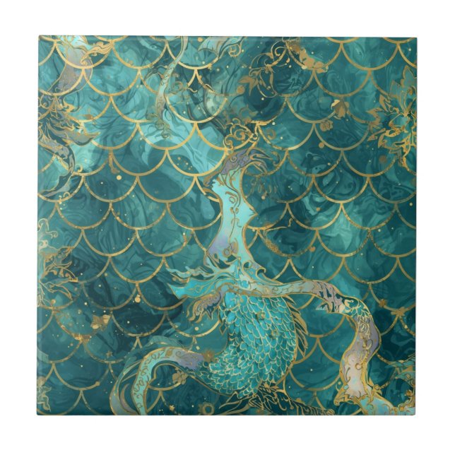 Aqua Pearlescent & Gold Mermaid Scale Pattern  Fliese (Vorderseite)