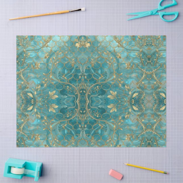 Aqua Pearlescent & Gold Mermaid Scale Pattern  Seidenpapier (Basteln)