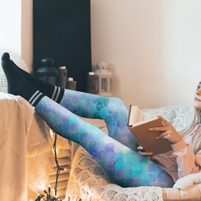 Aqua Pearlescent & Gold Mermaid Scanner Muster Leggings (Aqua Pearlescent Mermaid Scale Pattern Leggings)