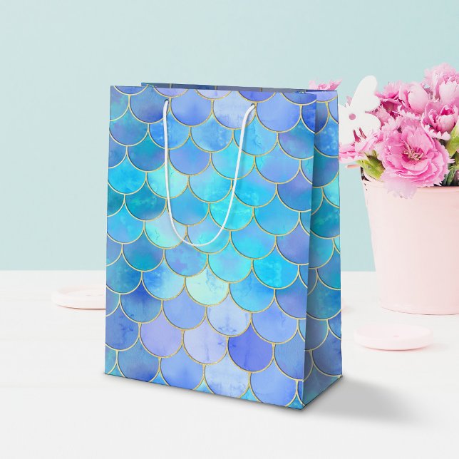 Aqua Pearlescent & Gold Mermaid Scanner Muster Mittlere Geschenktüte (Mermaid Scale Pattern Gift Bag)