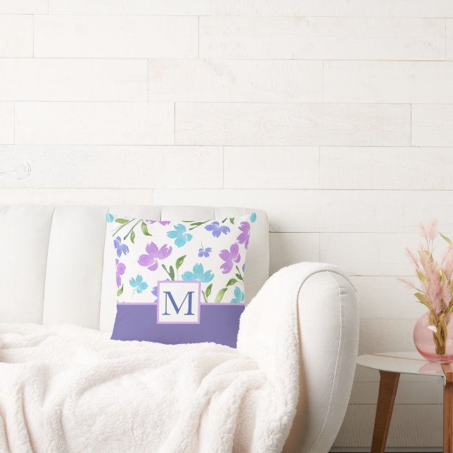 Aqua Periwinkle Lila Aquarell Blume Stems Kissen (Liege)