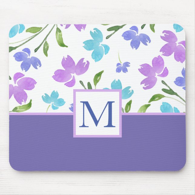 Aqua Periwinkle Lila Aquarell Blume Stems Mousepad (Vorne)