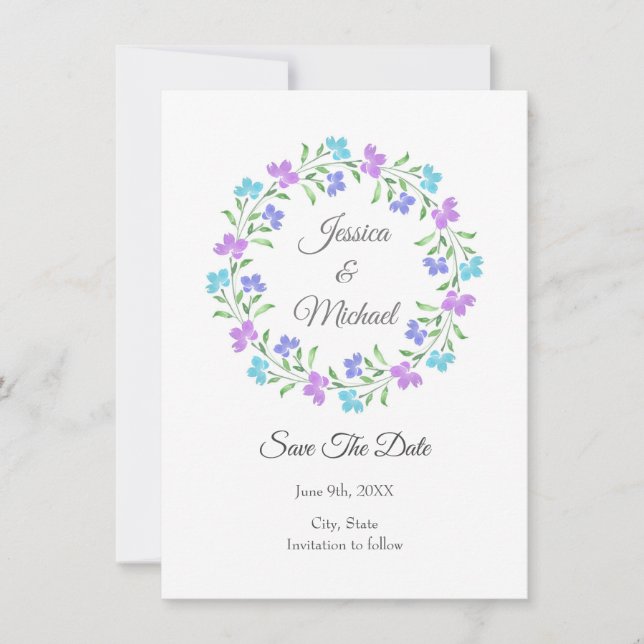 Aqua, Periwinkle, Lila Aquarell Save The Date (Vorderseite)
