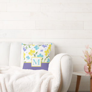 Aqua Periwinkle Yellow Watercolor Blume Stems Kissen