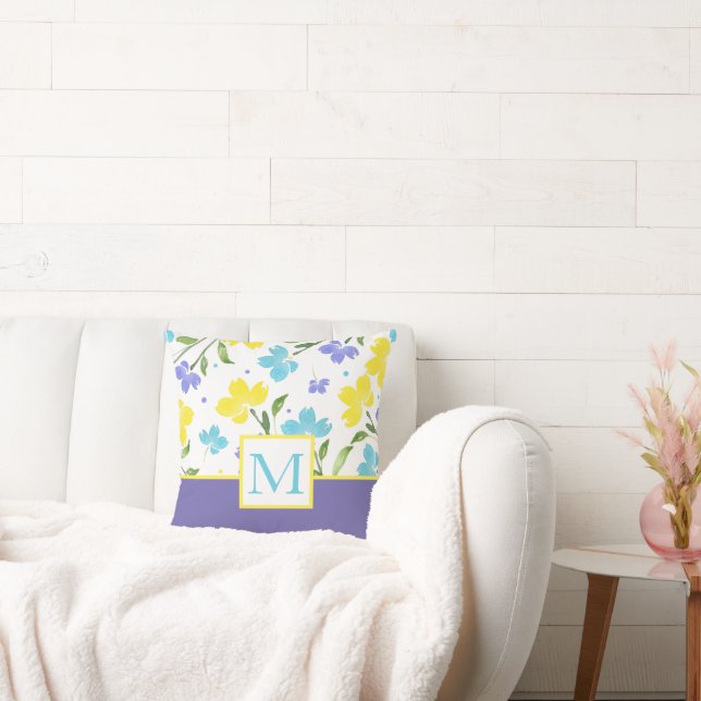 Aqua Periwinkle Yellow Watercolor Blume Stems Kissen (Liege)