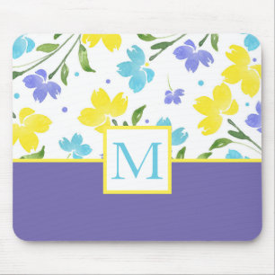 Aqua Periwinkle Yellow Watercolor Blume Stems Mousepad