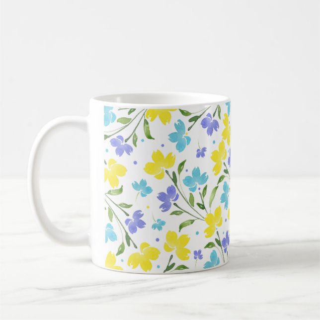 Aqua Periwinkle Yellow Watercolor Floral Stems Kaffeetasse (Links)
