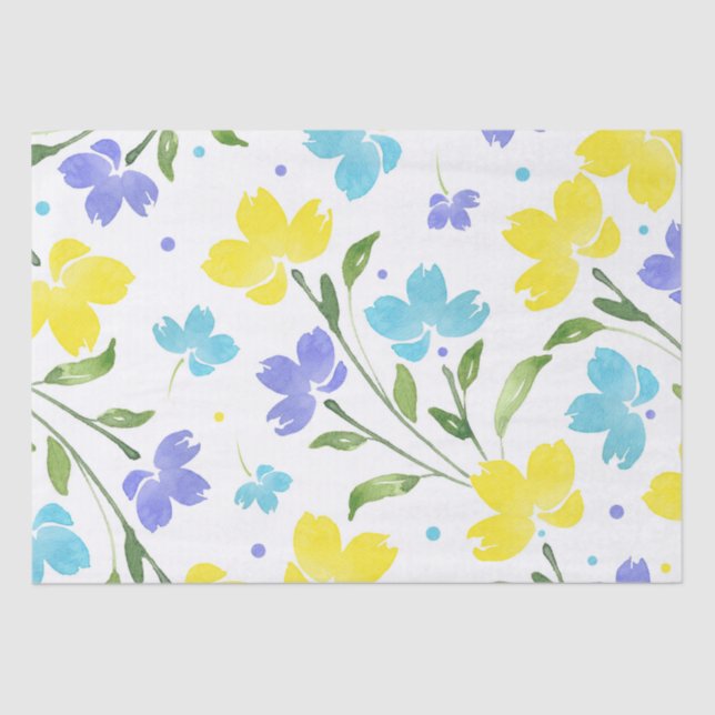 Aqua Periwinkle Yellow Watercolor Floral Stems Seidenpapier (Vorderseite)