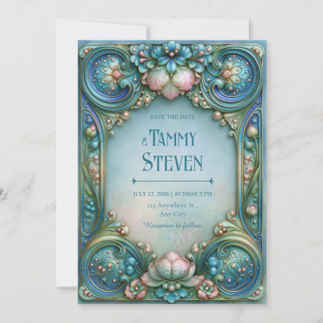 Aqua-Perlen-Lotus-Hochzeit Einladung (Vorderseite)