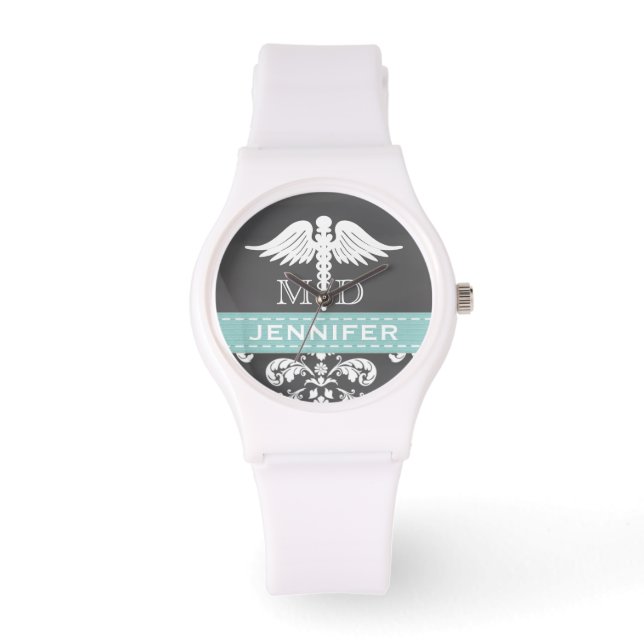 AQUA PERSONALISIERT DOCTOR CADUCEUS CHALKBOARD ARMBANDUHR (Vorderseite)