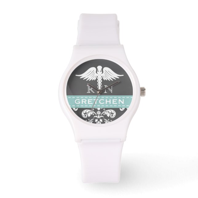 AQUA PERSONALISIERT NURSE RN CADUCEUS CHALKBOARD ARMBANDUHR (Vorderseite)