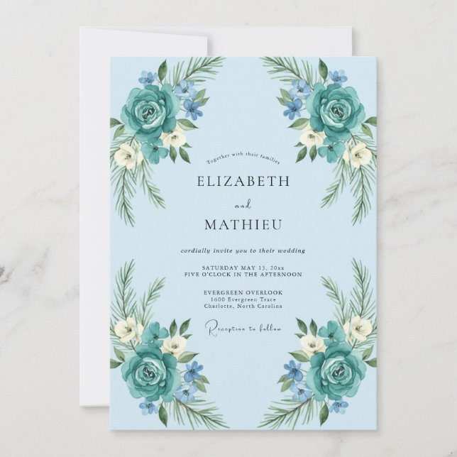 Aqua-Pfingstrosen-Hochzeit Einladung (Vorderseite)