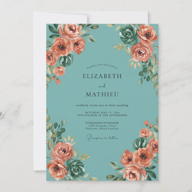 Aqua-Pfirsich-Hochzeit bemalt Einladung (Vorderseite)