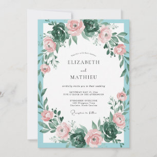 Aqua-Pfirsich-Laub-Eukalyptus-Hochzeit Einladung