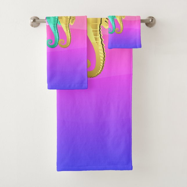 Aqua/pink/blau/goldfarbenes Seepferd Badetuch Badhandtuch Set (Insitu)