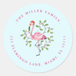 Aqua & Pink Flamingo Holiday Address Siegel Runder Aufkleber