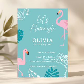Aqua & Pink Flamingo Tropischer Geburtstag Einladung