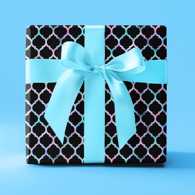 Aqua Pink Iridescent Found Black Quatrefolie Geschenkpapier (Aqua Pink Iridescent Foil and Black Quatrefoil Wrapping Paper)