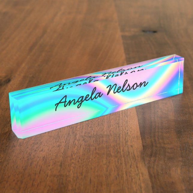 Aqua Pink Iridescent Rainbow Wave Namensplakette (Seite)