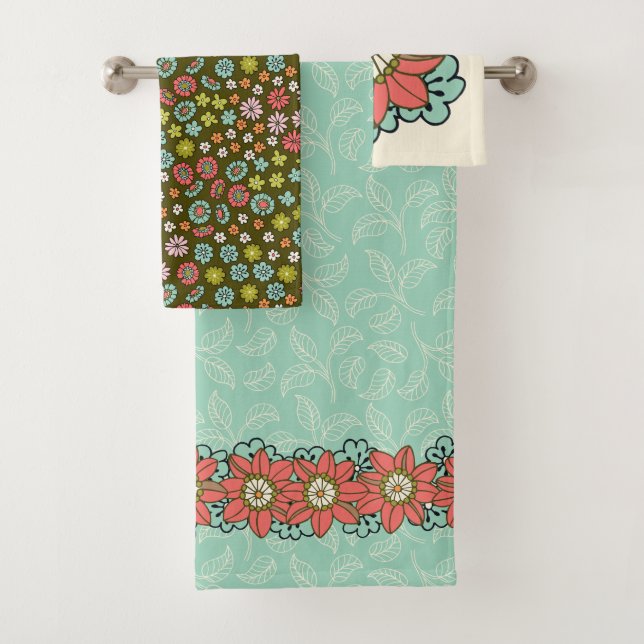 Aqua & Pink Retro Blumenhandtuch Badhandtuch Set (Insitu)