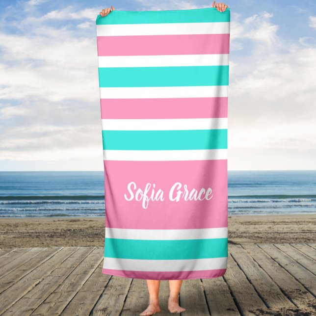 Aqua Pink Stripes Script Name Badetuch Badehandtuch (Von Creator hochgeladen)