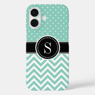 Aqua Polka Dot und Zickzack Monogramm iPhone 16 Hülle