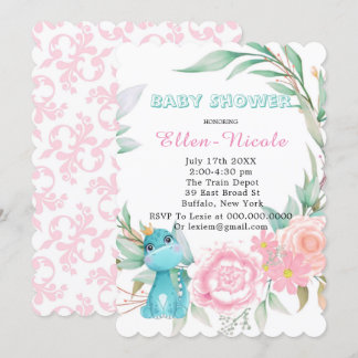 Aqua Princess Dinosaurs Peony Baby Shower lädt ein Einladung