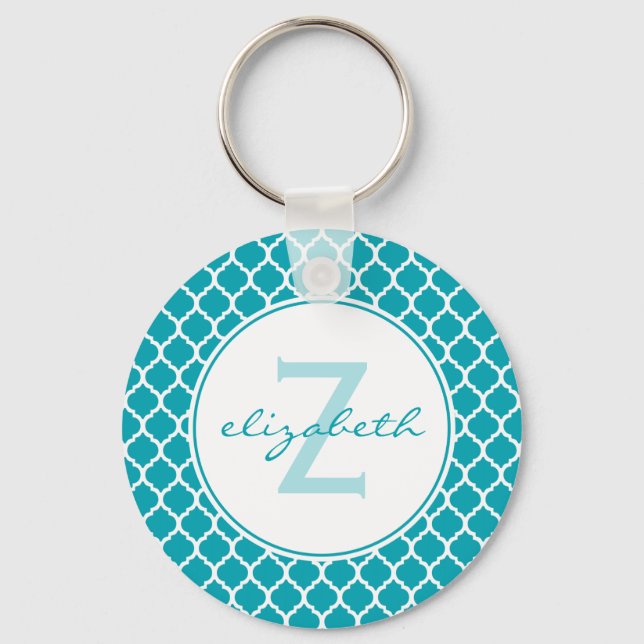 Aqua Quatrefoil Monogramm Schlüsselanhänger (Vorderseite)