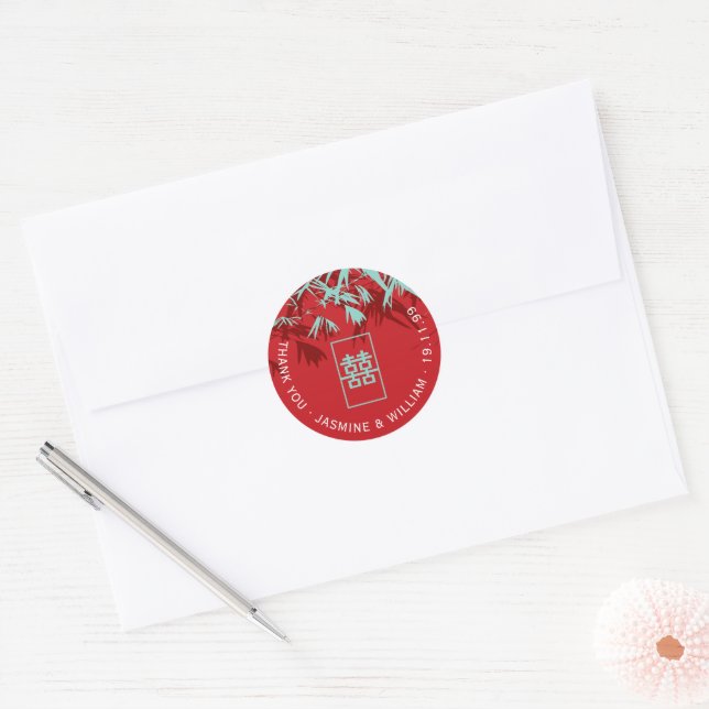 Aqua & Red Bamboo Blätter Shuang Xi Chinese Weddin Runder Aufkleber (Umschlag)