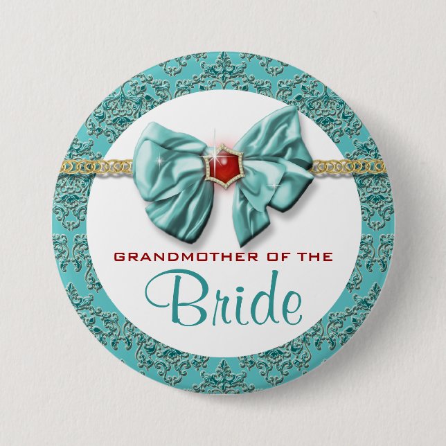 Aqua Red Gold Damask "Bridal Buttons" Button (Vorderseite)