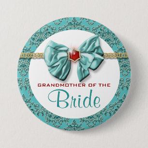 Aqua Red Gold Damask "Bridal Buttons" Button