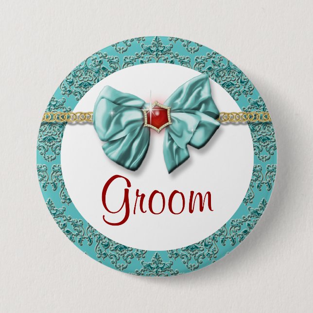 Aqua Red Gold Damask "Bridal Buttons" Button (Vorderseite)