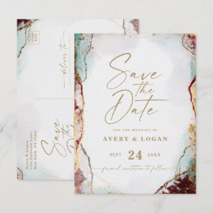 Aqua Red & Gold Winter Wedding Save the Date Ankündigungspostkarte