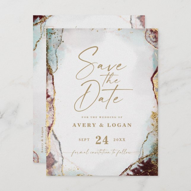 Aqua Red & Gold Winter Wedding Save the Date Ankündigungspostkarte (Vorne/Hinten)