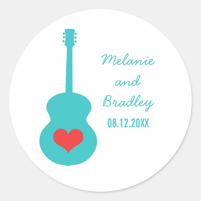 Aqua/Red Guitar Heart Wedding Stickers (Vorderseite)