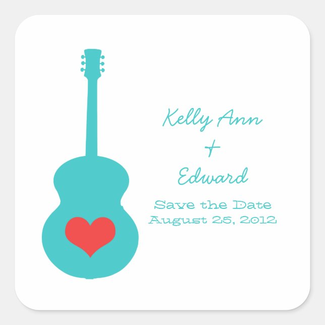 Aqua/Red Guitar Herz Save the Date Stickers (Vorderseite)