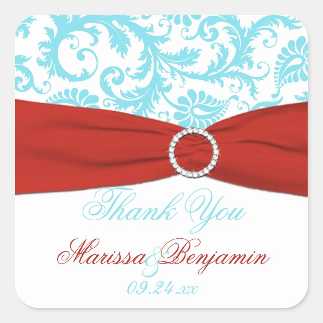 Aqua, Red und White Damask Wedding Favor Sticker (Vorderseite)