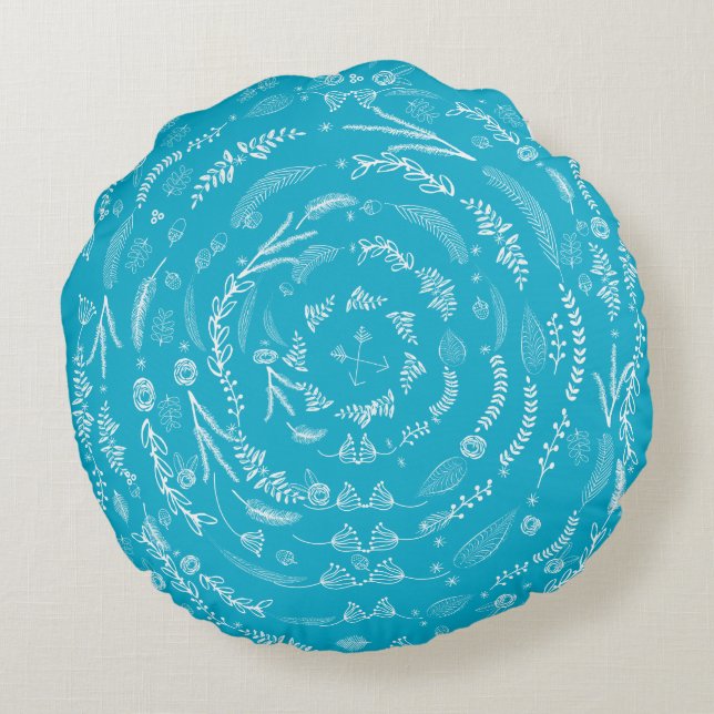 Aqua Reversible to Grau florales Garland Muster Rundes Kissen (Rückseite)